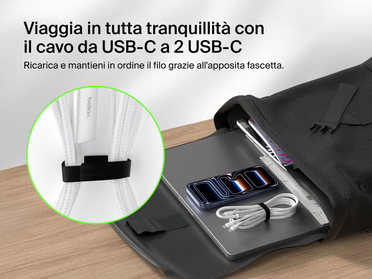 Il cavo intrecciato da USB-C a 2 USB-C BoostCharge Pro Belkin include un sistema di gestione del filo, per consentirne una facile conservazione durante gli spostamenti, e offre una potenza di ricarica fino a 140 W.